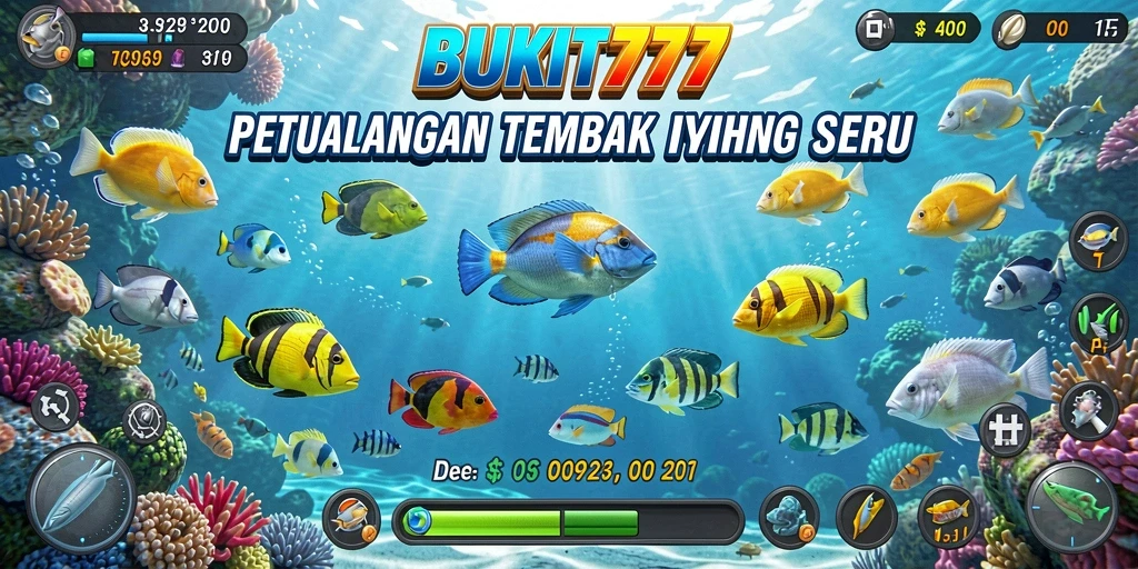 Screenshot utama BUKIT777 menunjukkan aksi tembak ikan yang mendebarkan.