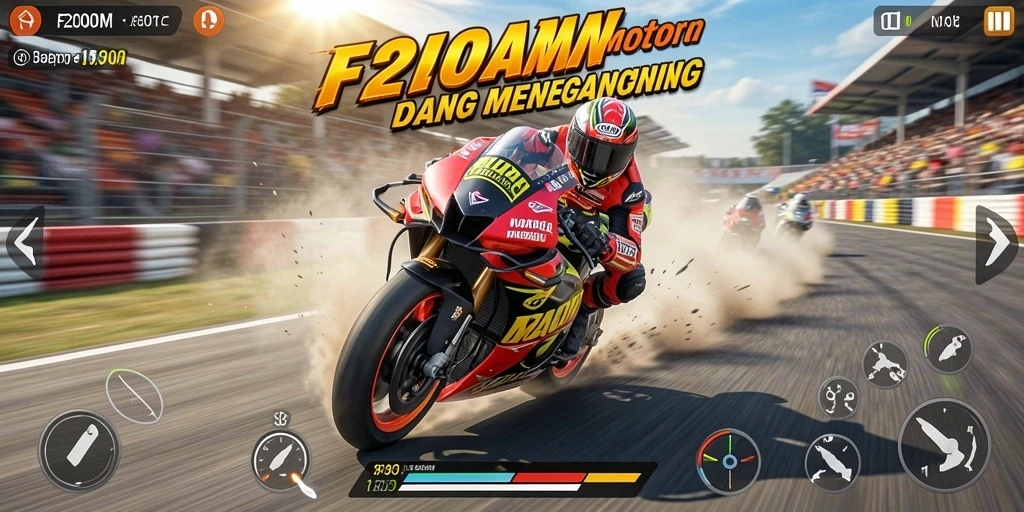 Screenshot gameplay F200M menampilkan adrenalin tinggi balapan motor.