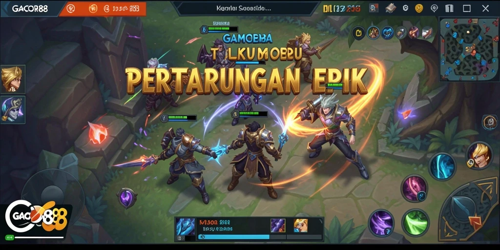 Screenshot GACOR88 menampilkan aksi pertempuran seru dalam permainan MOBA.