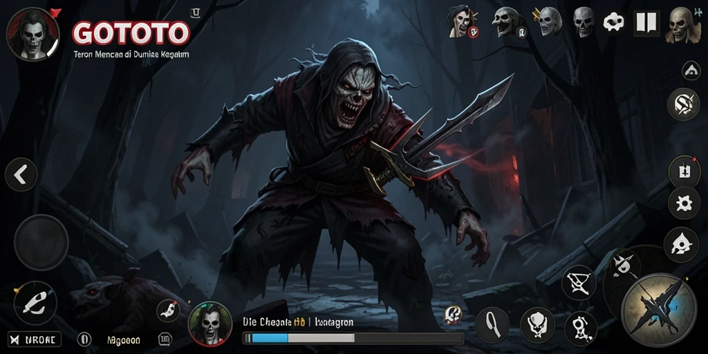 Screenshot gameplay GOTOTO menampilkan karakter dalam suasana menyeramkan.