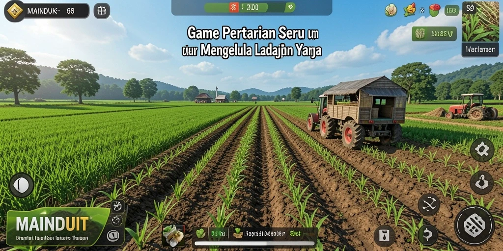 Tampilan gameplay MAINDUIT dengan ladang dan hewan peliharaan.