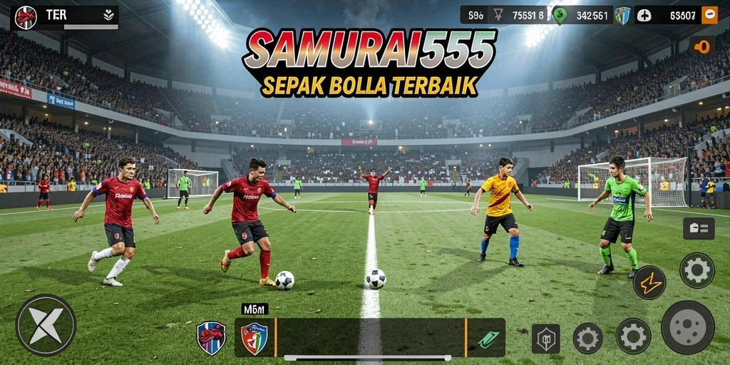 Screenshot utama SAMURAI555 menampilkan aksi dramatis di lapangan sepak bola.