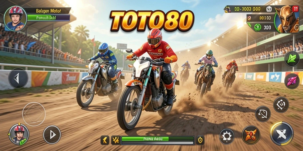 Tangkapan layar gameplay TOTO80 menampilkan balapan motor yang mendebarkan.