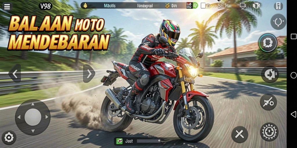 Tampilan gameplay mendebarkan V98 dengan balapan motor yang seru.