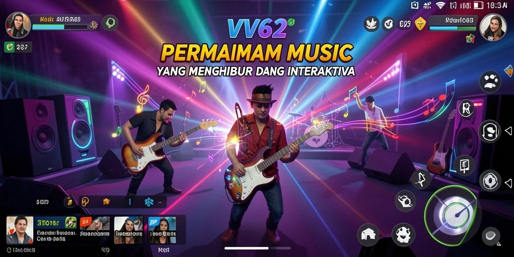 Screenshot gameplay VV62 yang menampilkan antarmuka musik yang menarik.